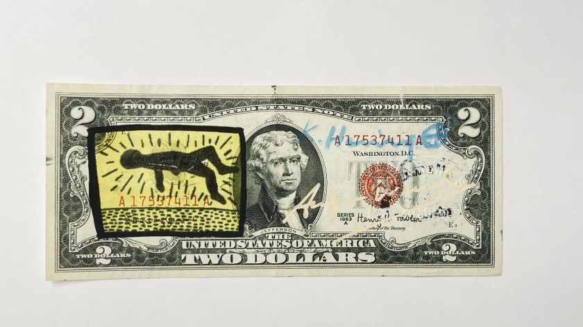 "Two dollars" signed and hand-drawn Artwork by Keith Haring and Andy Warhol