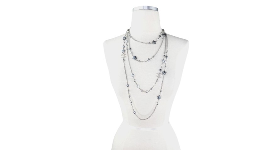 Chanel Silver CC Grey Stars Chain Necklace