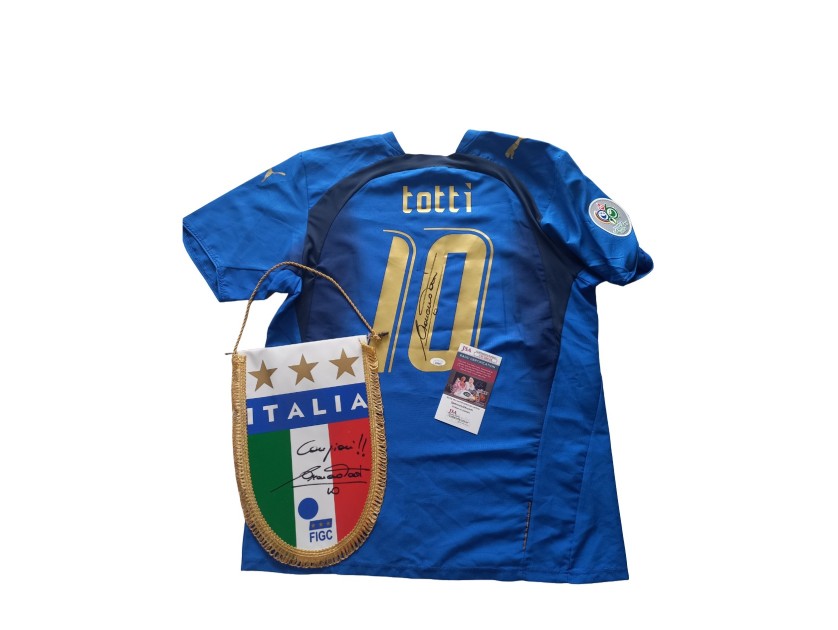 Totti Official Italy Signed Shirt, WC 2006 + Signed Pennant