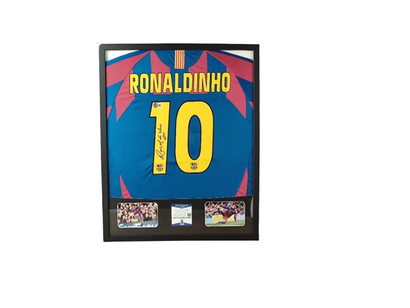 Ronaldinho's FC Barcelona Signed Shirt in a Deluxe High-Quality Frame