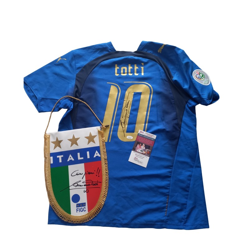 Totti Official Italy Signed Shirt, WC 2006 + Signed Pennant