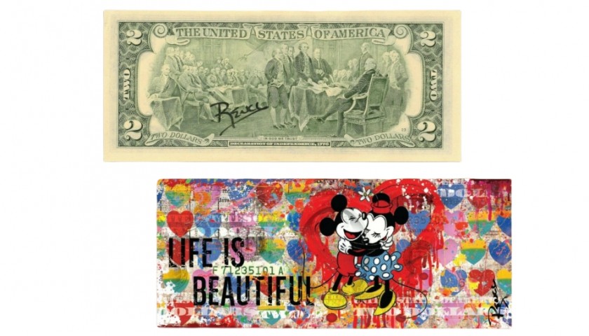 "Mickey Mouse" Mickey and Minnie - Original Two-Dollar Bill Signed by Rency