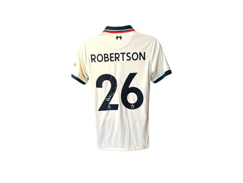 La replica della maglia da trasferta firmata da Andy Robertson per il Liverpool 2021/22