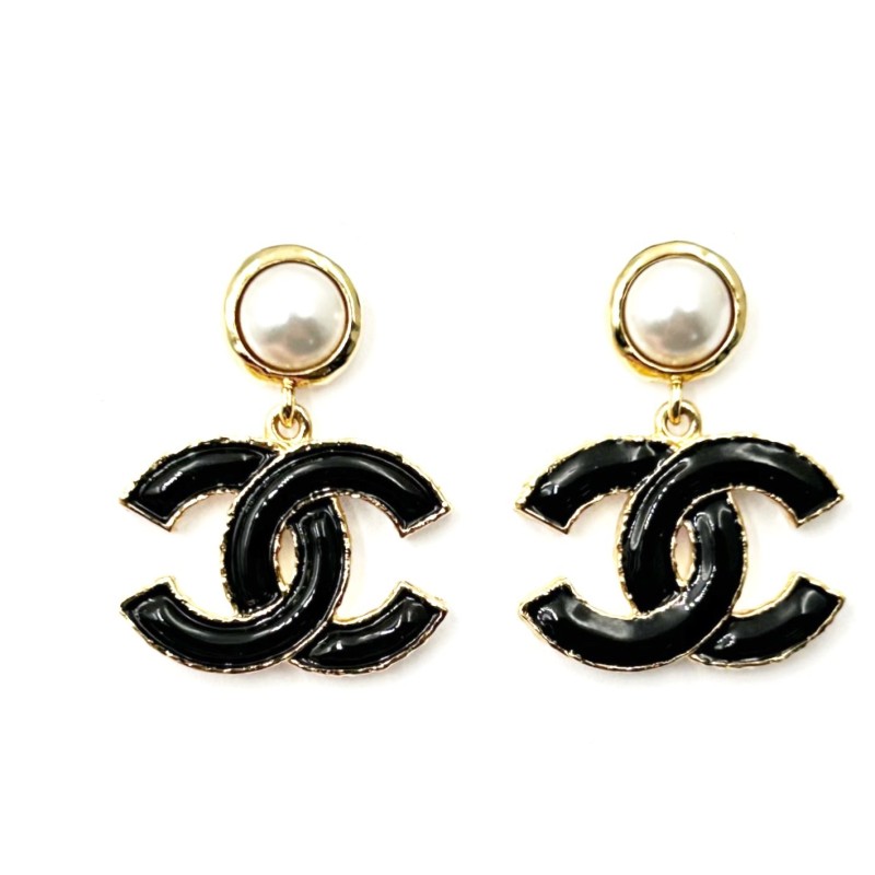 Chanel Gold Pearl Black CC Piercing Earrings