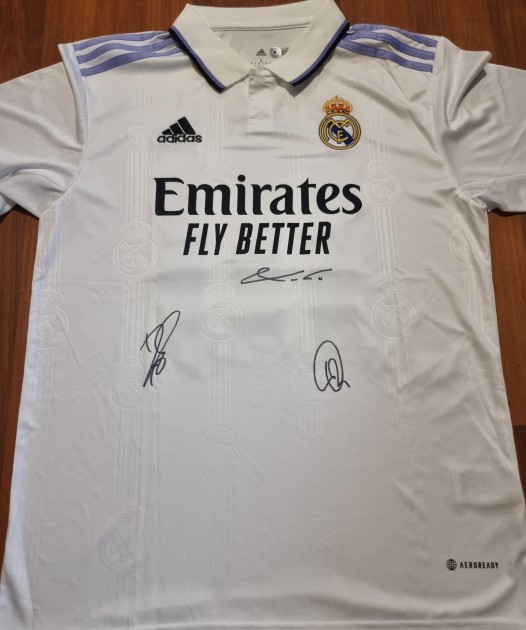 Luka Modric, Karim Benzema, Vinicius Junior Real Madrid Signed Replica Shirt