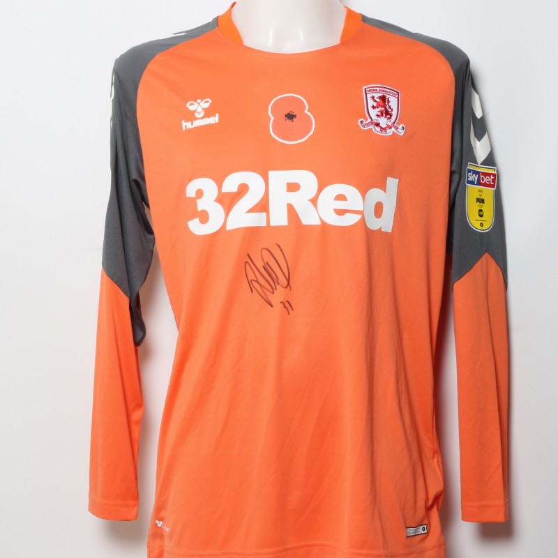 Andy Lonergan's Middlesbrough Worn and Signed Home Poppy Shirt 