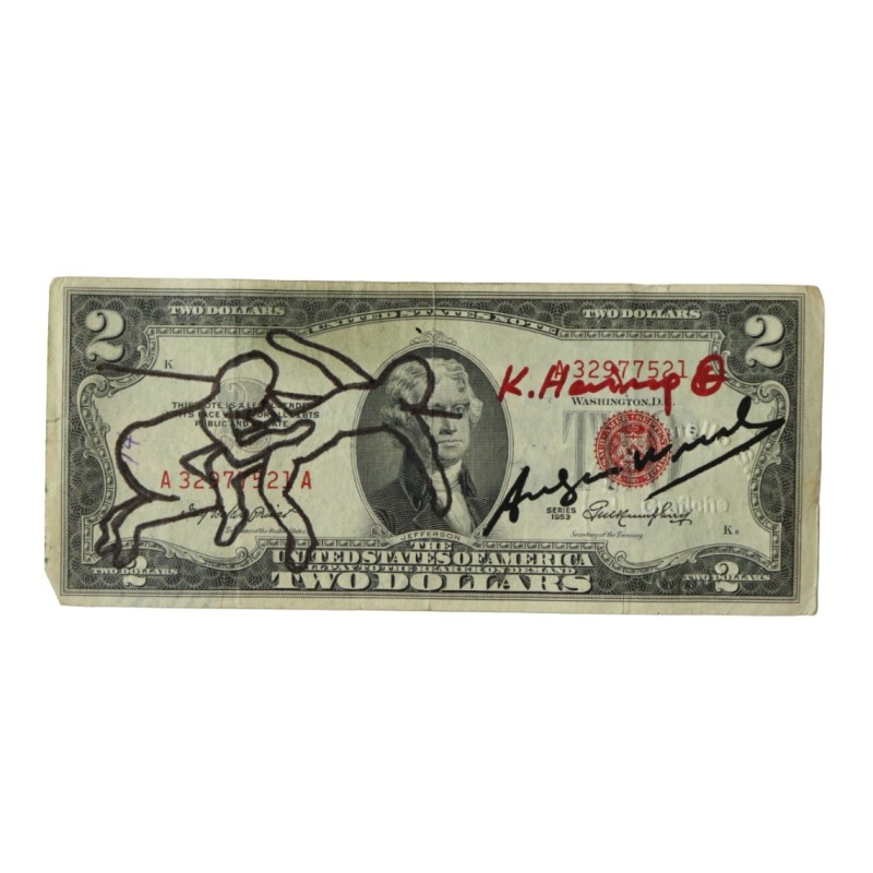 Two-Dollar Bill Hand Signed by Keith Haring and Andy Warhol