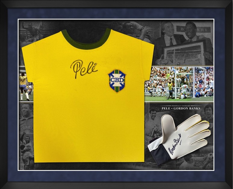 Pele and Gordon Banks Brazil World Cup 1970 Signed and Framed Shirt and Glove