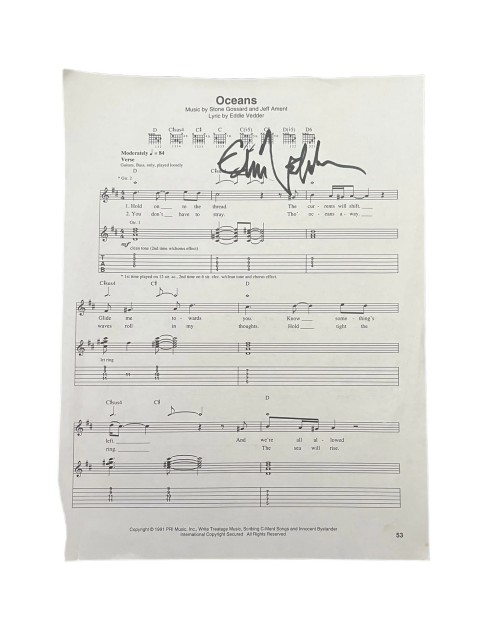 Pearl Jam Signed 'Oceans' Sheet Music