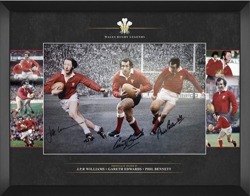 Gareth Edwards, Phil Bennett and JPR Williams Signed and Framed Photo Display