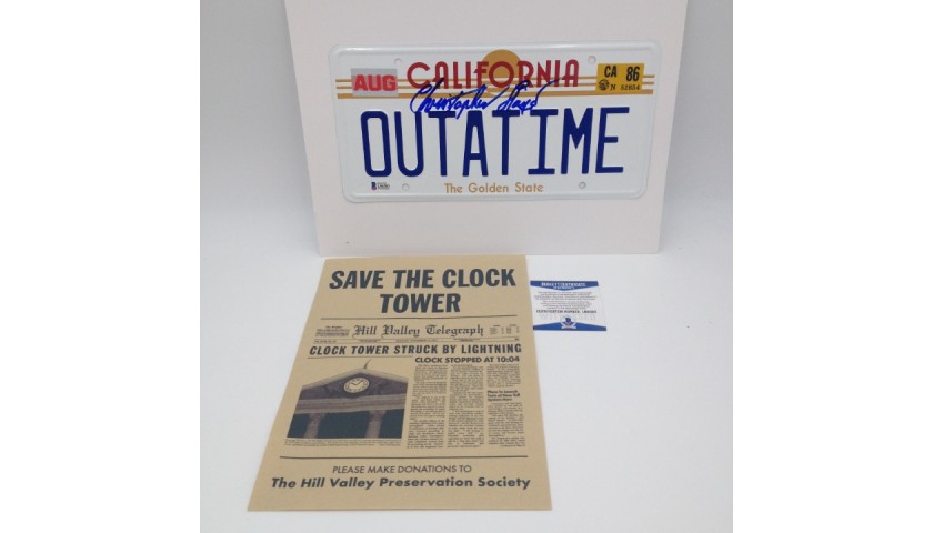 "Back to the Future" License Plate Signed by Christopher Lloyd + "Save the clock tower" Flyer