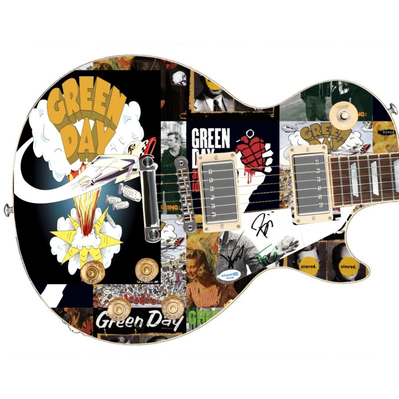 Chitarra grafica firmata "Dookie Discography" dei Green Day in edizione personalizzata