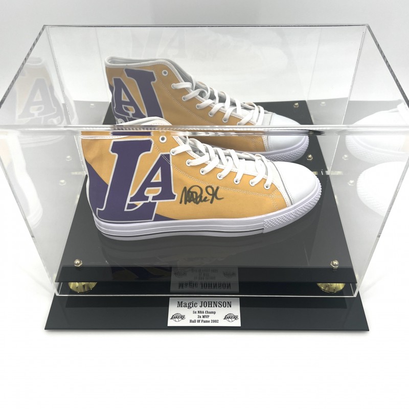 Magic Johnson Signed Converse Shoes in Display Case