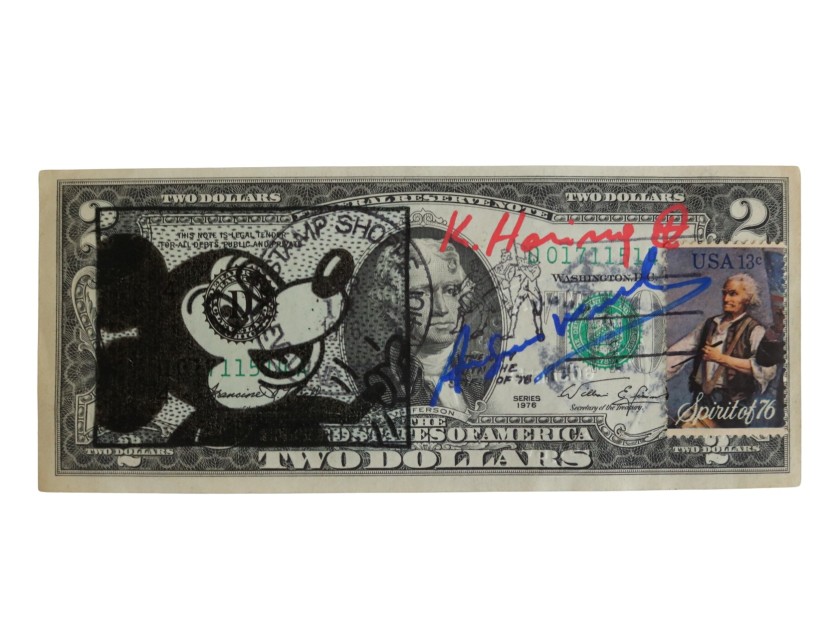 Two-Dollar Bill Hand Signed by Keith Haring and Andy Warhol