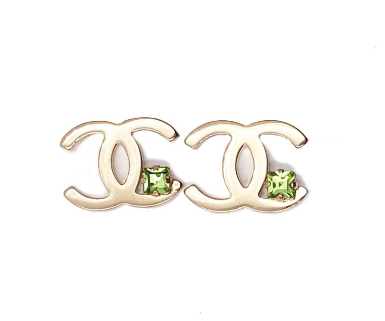 Chanel Light Gold CC Green Crystal Piercing Earrings
