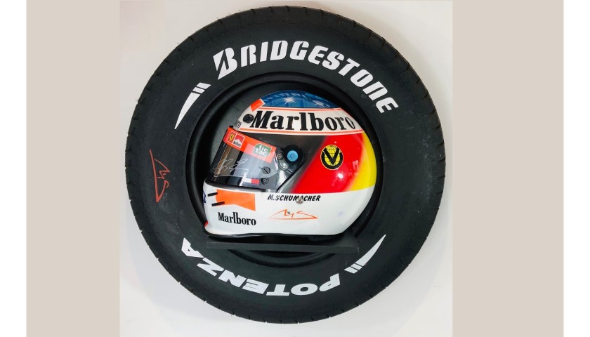 Michael Schumacher Signed Ferrari Helmet & Tyre Display