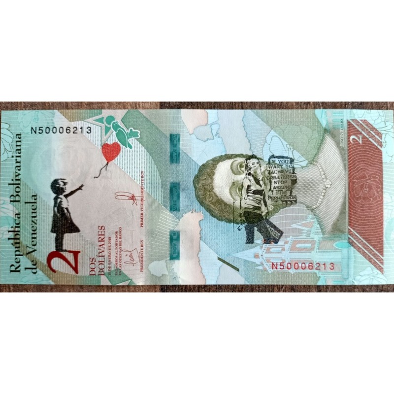 Banconota souvenir da 2 Bolivar di Dismaland (after)