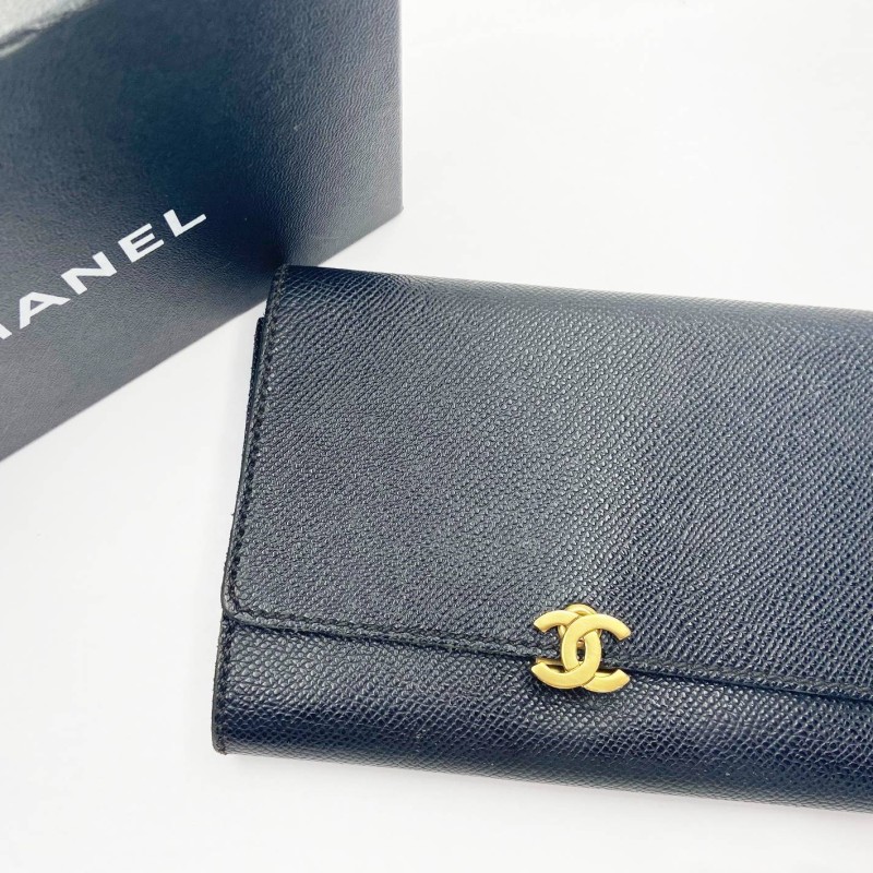 Chanel Gold CC Black Tri-Fold Wallet