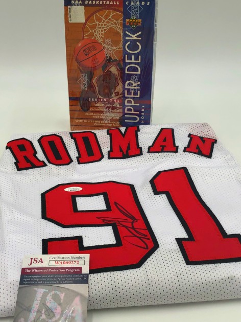 Dennis Rodman Signed Jersey and Upper Deck Trading Card Box