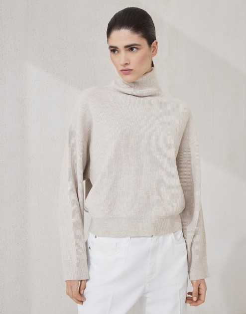 Brunello Cucinelli - English Rib Turtleneck Sweater in Virgin Wool, Cashmere, and Silk, Size M