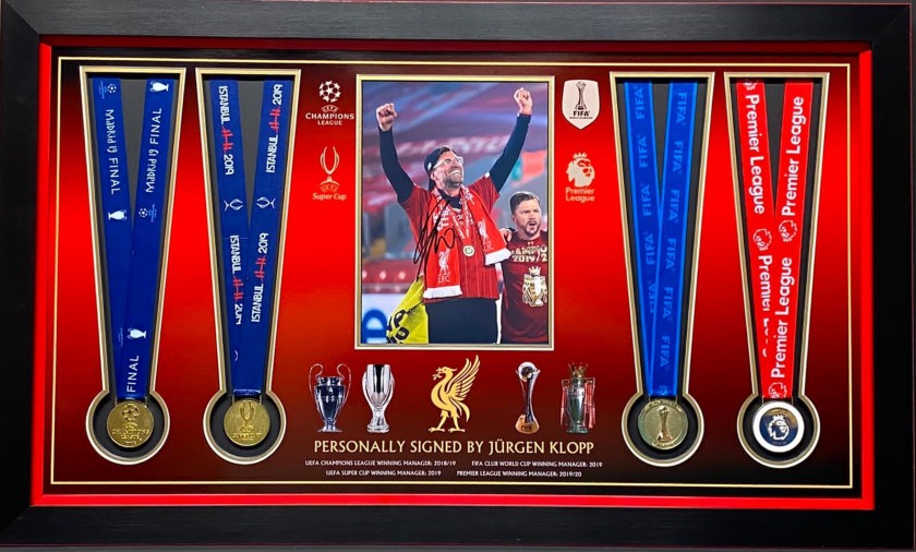 Liverpool Medal Montage Celebrating Cup Wins, With 4 Medals and Klopp Signed Picture