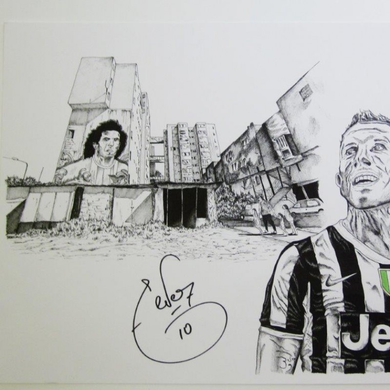 Tevez hand painted portrait, signed by the player - #JuveX3