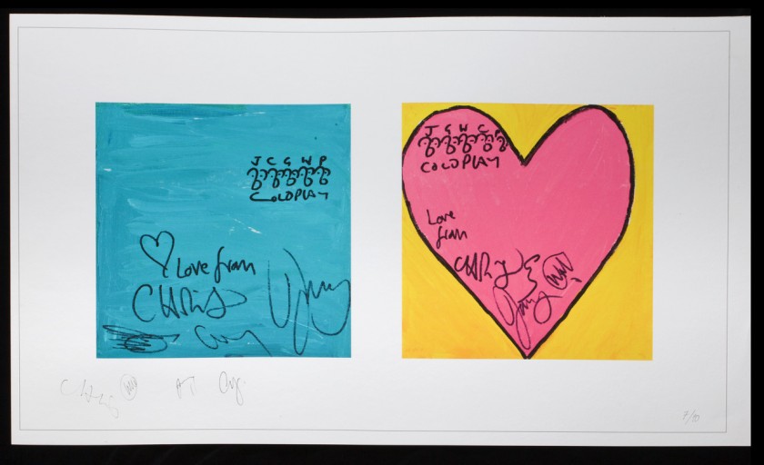 “Blue Square, Pink Heart”  Signed by Coldplay