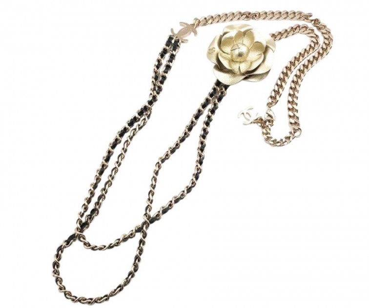 Chanel Gold Chain Necklace with Gold Flower Brooch Set
