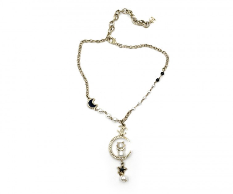 Chanel Moon Pearl Cat Long Pendant Necklace