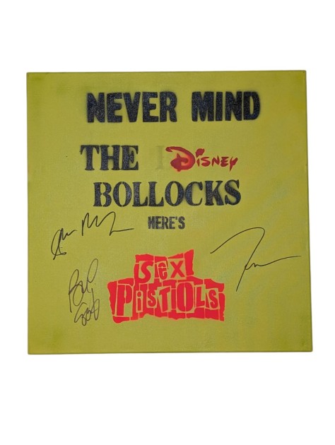 Glen Matlock, Frank Carter and Paul Cook of the Sex Pistols Signed Jagga “Never Mind The Disney Bollocks” Art Canvas