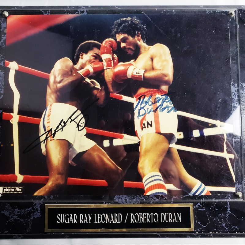 Sugar Ray Leonard & Roberto Duran Hand Signed Photo with Plaque