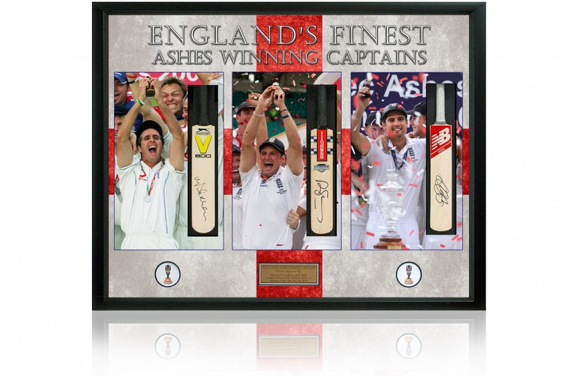 England Ashes Captains Mini Cricket Bat Presentation - Signed by Vaughan, Strauss and Cook 