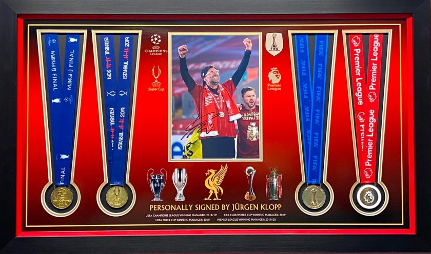 Liverpool Medal Montage Celebrating Cup Wins, With 4 Medals and Klopp Signed Picture