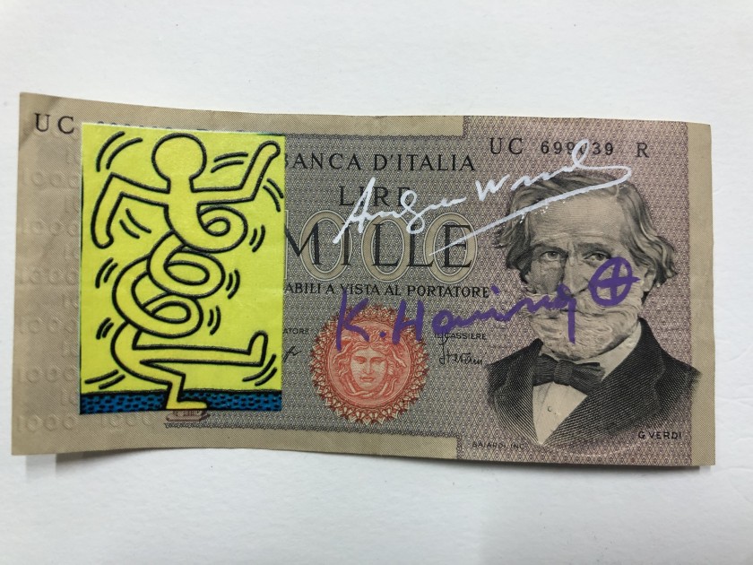 "Italian Lira" hand-drawn and signed Artwork by Keith Haring and Andy Warhol