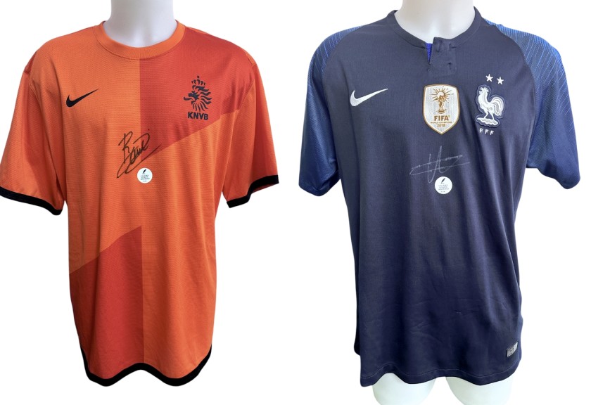Collezione di Due Maglie Ufficiale e Replica Olanda e Francia - Autografate da Ryan Gravenberch e Michael Olise