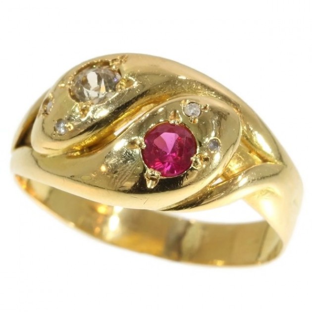 Antique Victorian Double Headed Snake Ring with Ruby and Diamonds