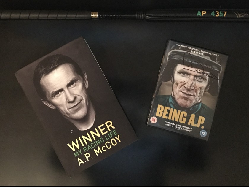 A P McCoy Signed Whip, Signed Book and DVD 