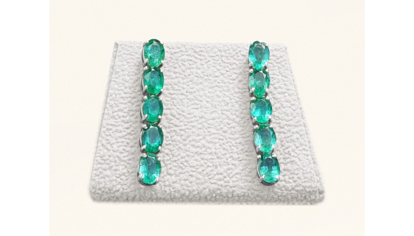 7.00 Carat Long Emerald 14K White Gold Earrings