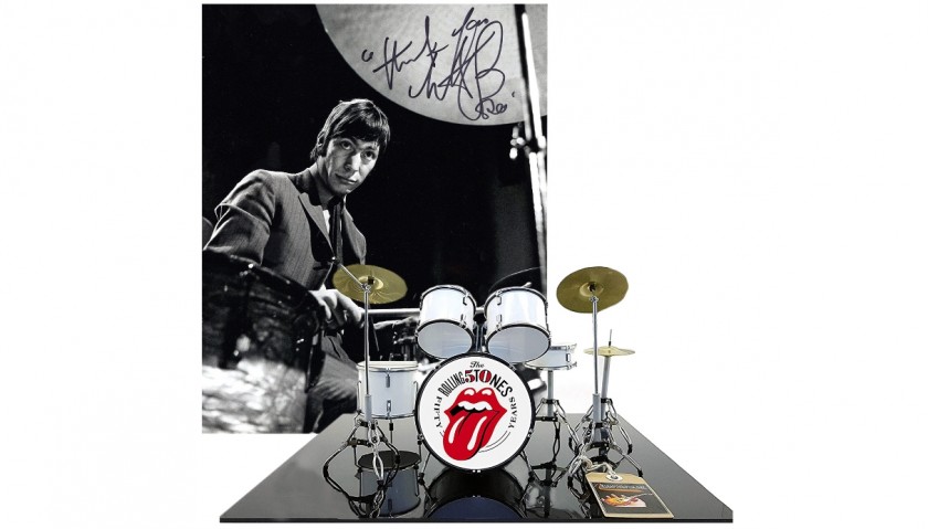 Rolling Stones Mini Drum Kit and Charlie Watts Signed Photograph