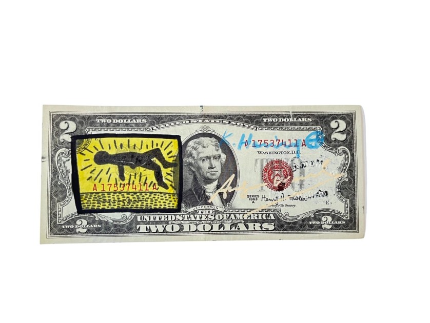 Two-Dollar Bill Hand Signed by Keith Haring and Andy Warhol