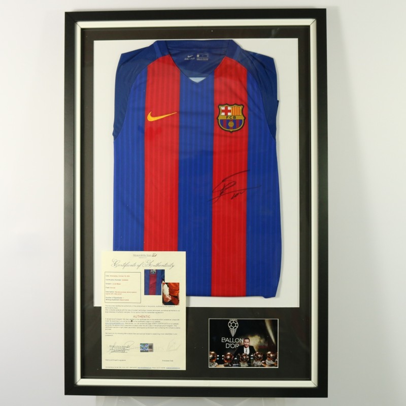 Official Barcelona Shirt, 2016/17 - Signed by Lionel Messi and Framed