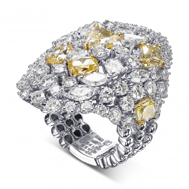6.45 Ct Fancy Yellow Diamonds and 2.16 Ct D-F White Diamonds 18K White Gold Ring