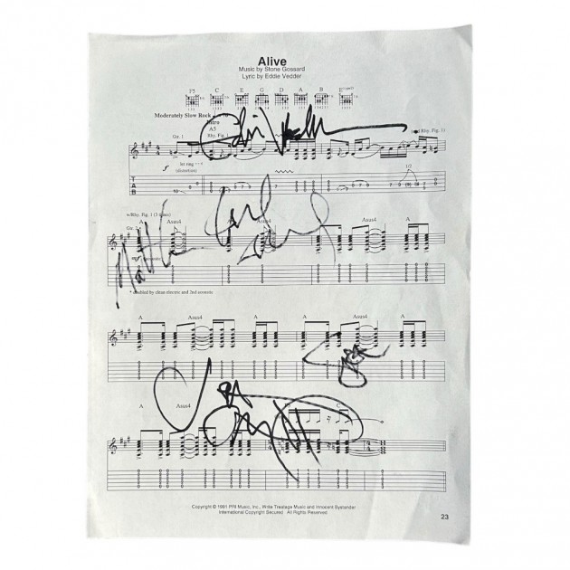 Pearl Jam Signed 'Alive' Sheet Music