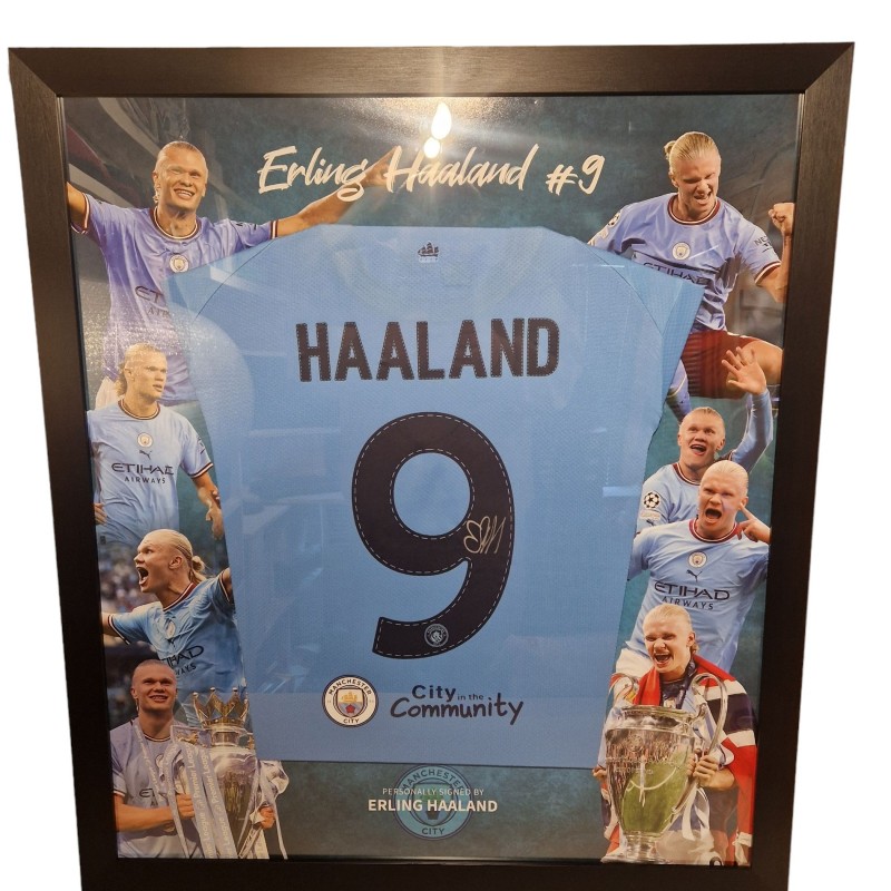 Erling Haaland's Manchester City 2022/23 Treble Winners Signed and Framed Shirt
