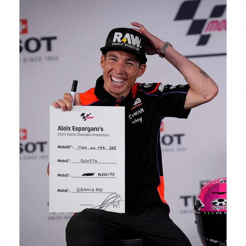 Aleix Espargaró's Signed 2023 World Champion Predictions Board from the First Official Press Conference of the 2023 MotoGP™ Season