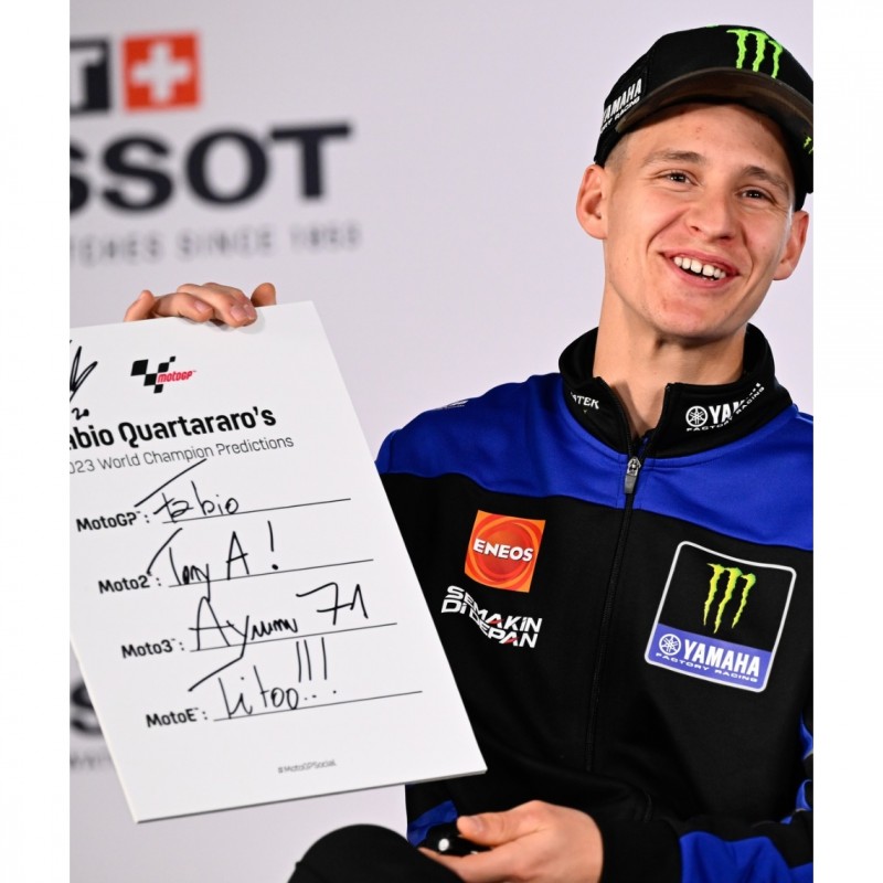 Fabio Quartararo's Signed 2023 World Champion Predictions Board from the First Official Press Conference of the 2023 MotoGP™ Season