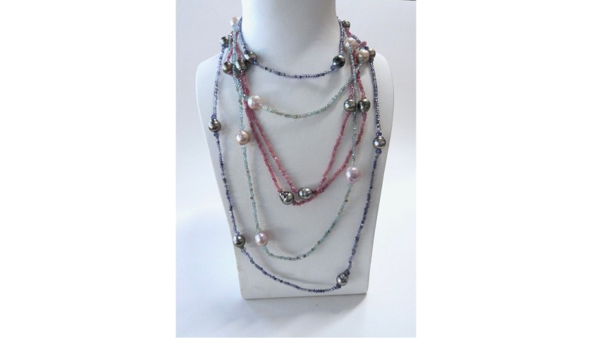 3 Long Necklaces with Pink Tourmaline, Aquamarine, Iolite, and Pearls