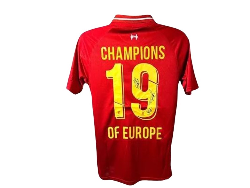 Maglia firmata e incorniciata di Jurgen Klopp, Peter Krawietz e Pep Lijnders della finale di Champions League 2018/19 del Liverpool