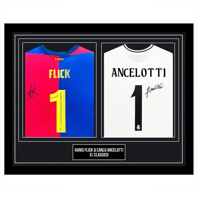 Hansi Flick and Carlo Ancelotti Signed and Framed Duo Shirts