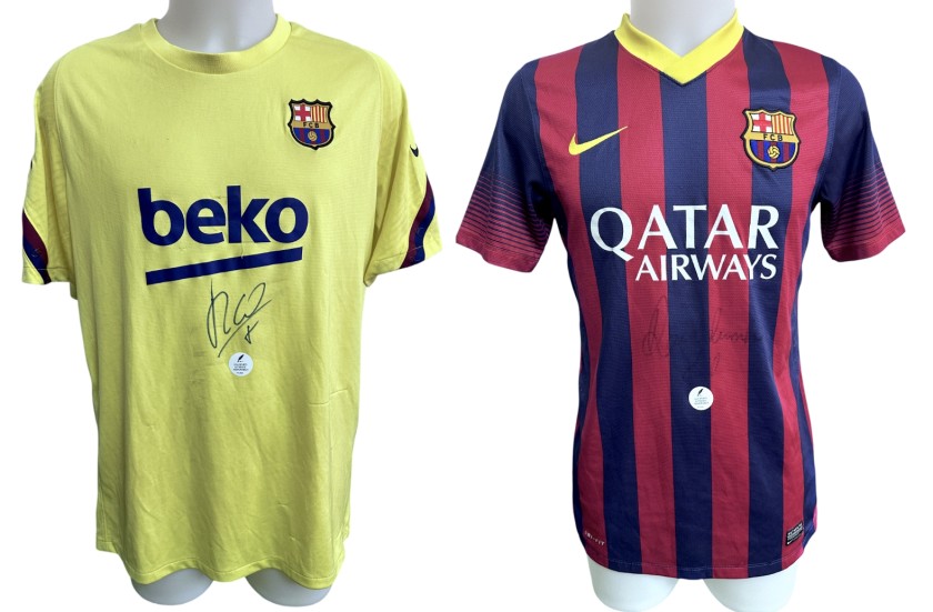 Collection of Two Barcelona Official Shirts - Signed by Luig Figo and Ronaldinho
